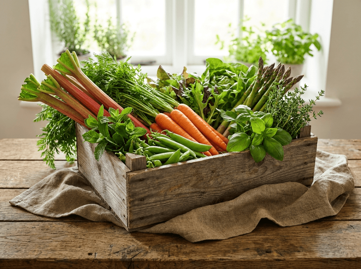 Rustic crates of rhubarb, carrots, greens, and spring vegetables