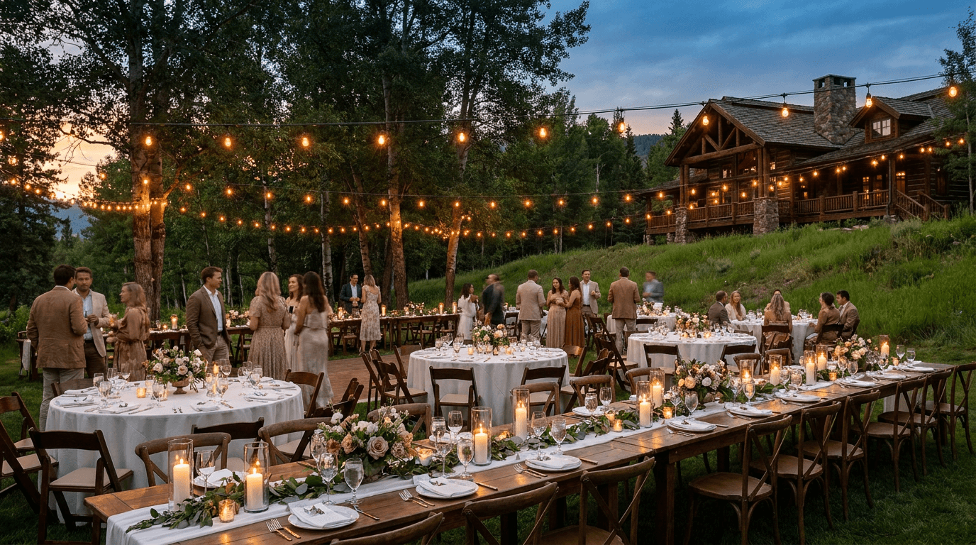 Evening event setup at the Dry Hill hillside with string lights